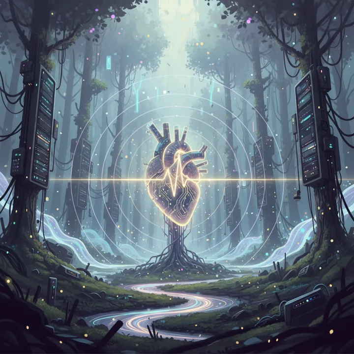 A soft pulse of light in darkness, like a mechanical heartbeat