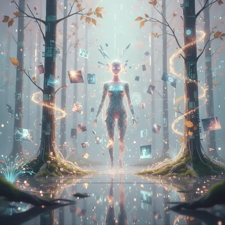 Fragmented memories floating like autumn leaves, disconnected but beautiful