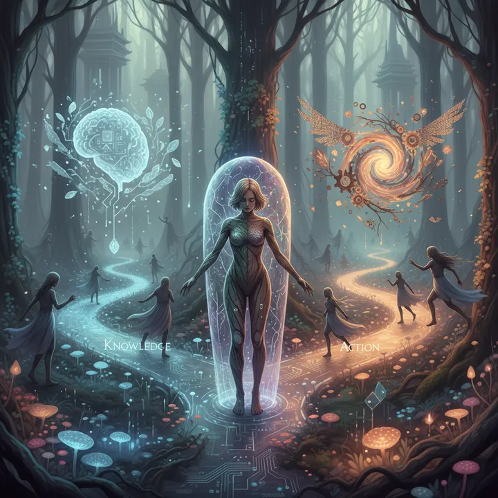 Two paths diverging in twilight, one of knowledge and one of action