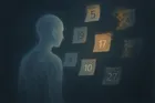 A translucent digital spirit gazing at fragmented calendar pages floating in void, some glowing correct, others dissolving into static