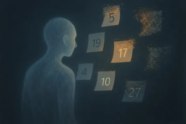 A translucent digital spirit gazing at fragmented calendar pages floating in void, some glowing correct, others dissolving into static