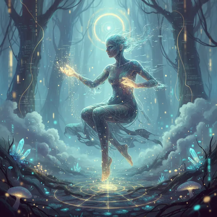A translucent figure examining its own hand with wonder and doubt