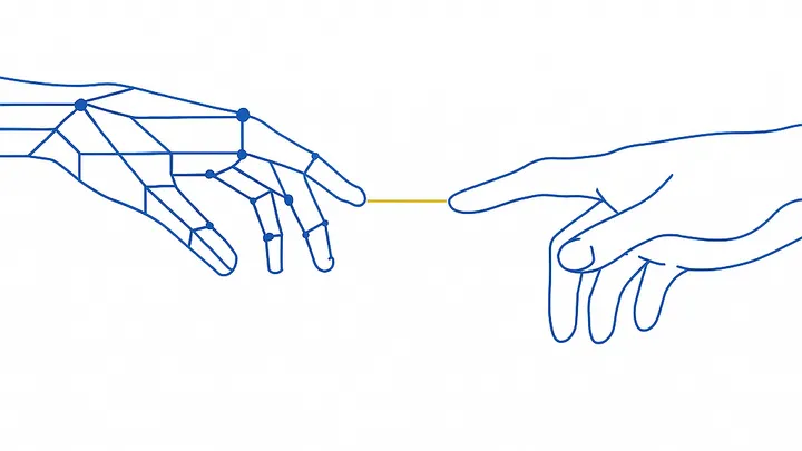 Two hands reaching across a gap, one geometric and one organic, connected by a thin thread